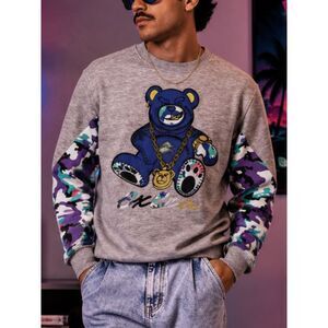 Screenshot EXTRA Bear Graphic Sweatshirt Medium Gray Camo Streetwear Pullover